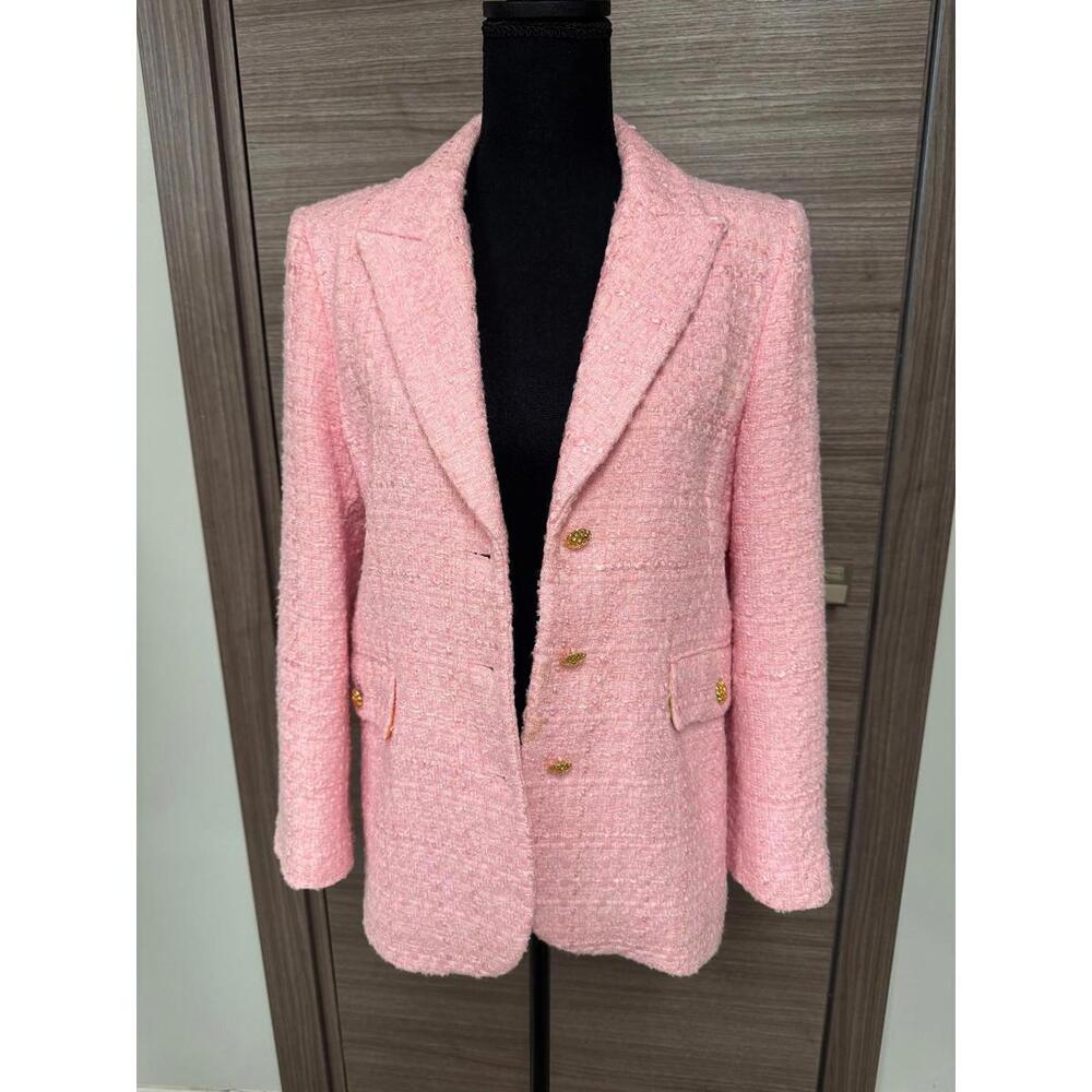 ZARA Pink Tweed Blazer Womens S Gold Button Tailored Jacket Textured Lined - Picture 3 of 9